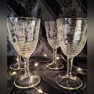 Vintage Federal Etched Glass Stemware - 4 Water Goblets Optic Ripple Bowls